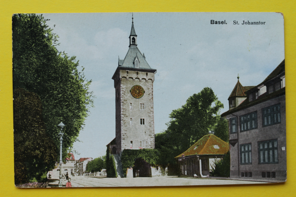 Ansichtskarte Basel / St. Johanntor / 1905-1920 / Turm – Uhr – Straßenansicht